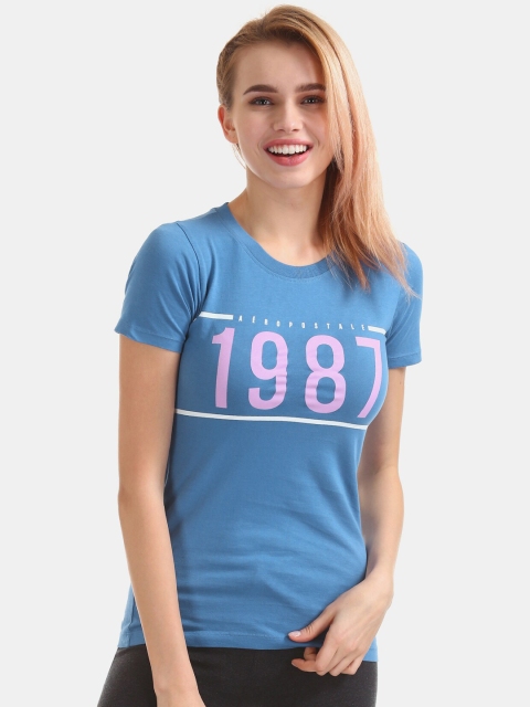 

Aeropostale Women Blue & Pink Typography Printed Pure Cotton T-shirt