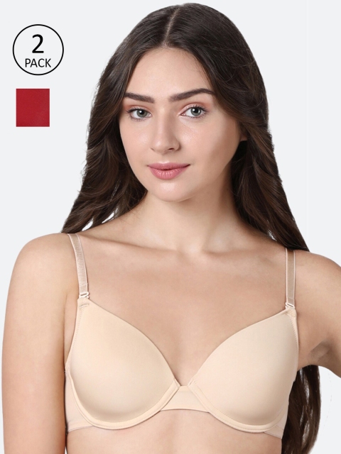 

Enamor Pack of 2 Red & Beige Underwired Full Coverage T-shirt Bra