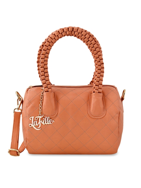 

LaFille Peach-Coloured Embellished Structured Quilted Handheld Bag