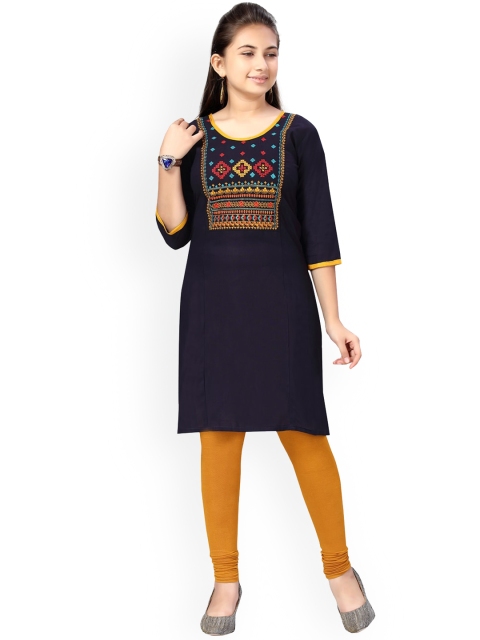 

Aarika Girls Navy Blue & Mustard Embroidered Pure Cotton Kurta with Churidar