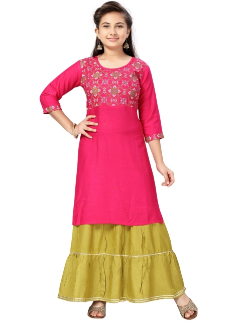 

Aarika Girls Pink Yoke Design Regular Pure Cotton Kurta with Skirt