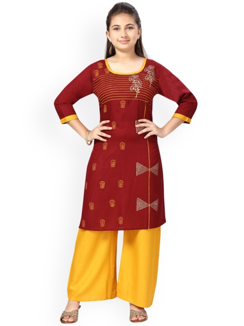 

Aarika Girls Maroon Ethnic Motifs Printed Regular Pure Cotton Kurta with Palazzos