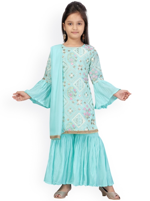 

Aarika Girls Turquoise Blue Ethnic Motifs Embroidered Kurti with Sharara & Dupatta