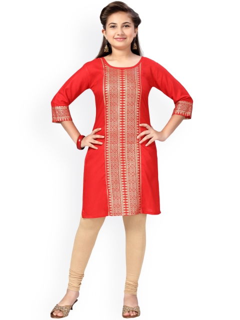 

Aarika Girls Red Printed Flared Sleeves Gotta Patti Kurta