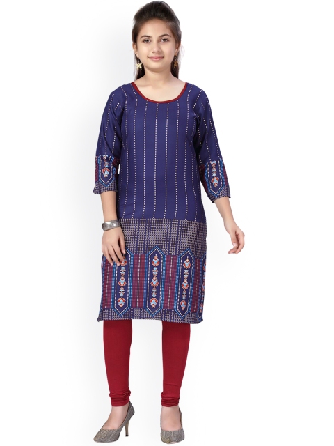 

Aarika Girls Blue & Maroon Printed Layered Pure Cotton Kurta with Churidar