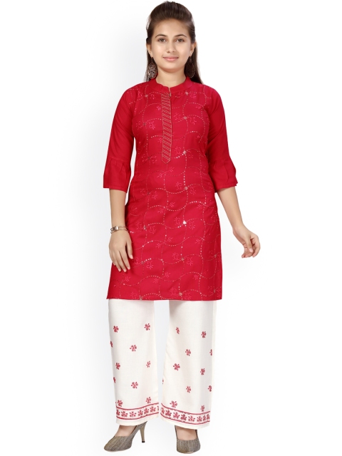

Aarika Girls Red Embroidered Sequinned Pure Cotton Kurti with Palazzos