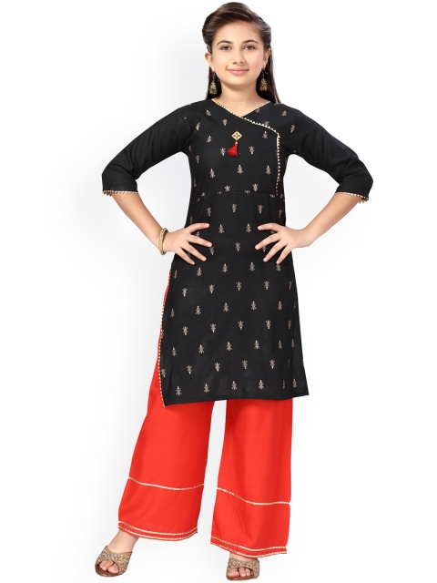 

Aarika Girls Black & Red Printed Angrakha Gotta Patti Pure Cotton Kurta with Palazzos