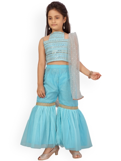 

Aarika Girls Turquoise Blue Sequinned Regular Top with Sharara & Dupatta