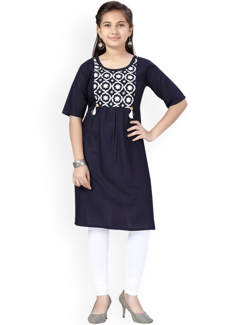 

Aarika Girls Navy Blue Ethnic Motifs Embroidered Regular Pure Cotton Kurti With Leggings