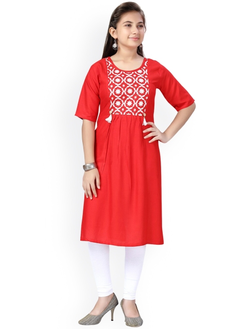 

Aarika Girls Red Ethnic Motifs Embroidered Regular Pure Cotton Kurta with Churidar