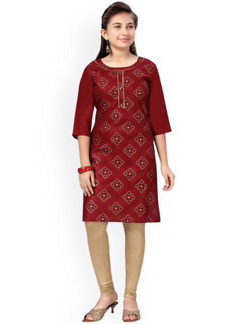 

Aarika Girls Maroon Ethnic Motifs Printed Regular Pure Cotton Kurta with Churidar