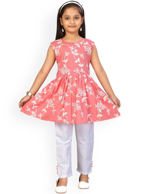 

Aarika Girls Peach-Coloured Embroidered Pleated Pure Cotton Kurti with Pyjamas