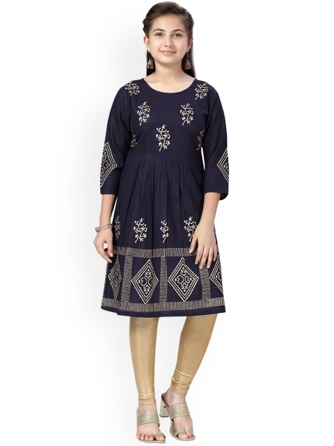 

Aarika Girls Navy Blue Ethnic Motifs Printed Pure Cotton Kurta with Churidar