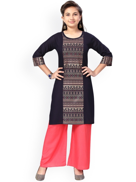 

Aarika Girls Navy Blue Printed Panelled Pure Cotton Kurta with Palazzos