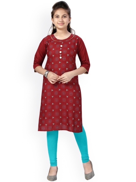 

Aarika Girls Maroon Printed Regular Pure Cotton Kurta with Churidar