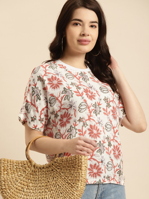 

Prakrti Women White & Orange Tropical Print Regular Top
