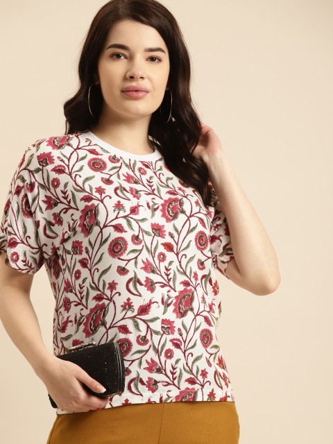 

Prakrti Women White & Maroon Floral Print Regular Top