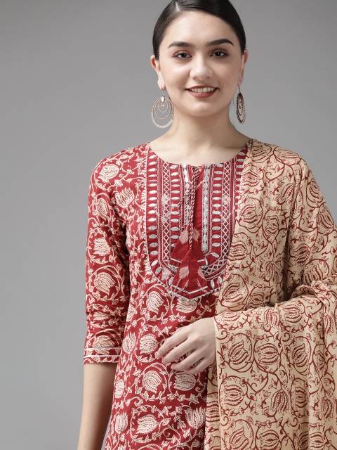

Yufta Maroon & Beige Ethnic Motifs Screen Print Cotton Straight Kurta Palazzos & Dupatta