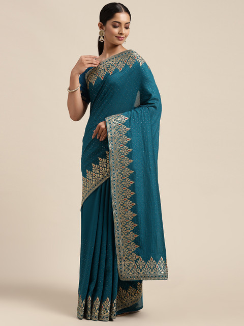 

Saree mall Teal Silk Blend Vichitra Ethnic Embelished Party Sarees
