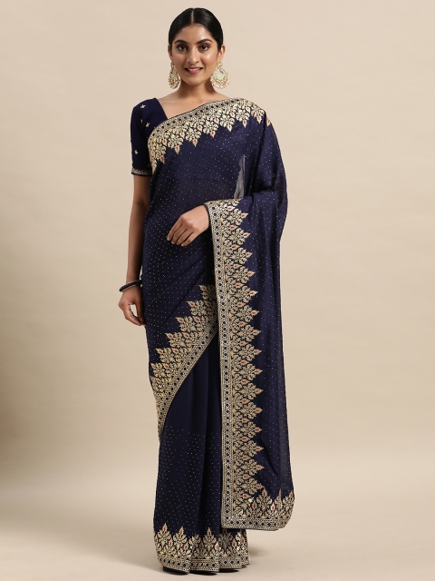 

Saree mall Navy Blue Vichitra Ethnic Embelished Silk Blend Sarees