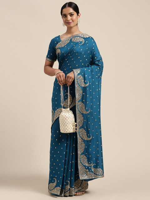 

Saree mall Teal Silk Blend Vichitra Ethnic Embelished Sarees