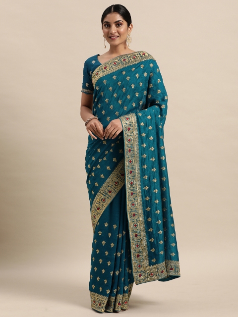 

Saree mall Teal Silk Blend Vichitra Ethnic Embelished Sarees