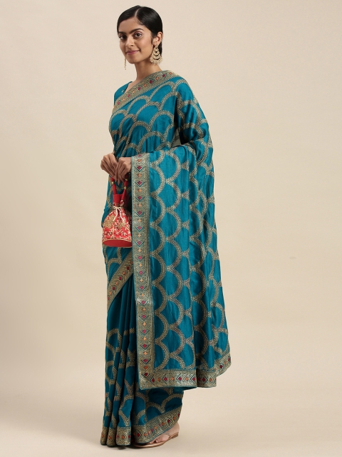 

Mitera Teal Blue Embroidered Silk Blend Saree