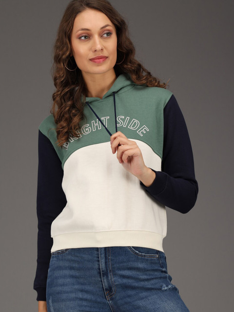 

ANTI CULTURE Women Green & Off-White Colourblocked Hooded Sweatshirt