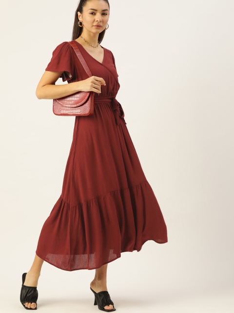 

DressBerry Women Rust Brown A-Line Tiered Textured Knit Midi Dress with Belt