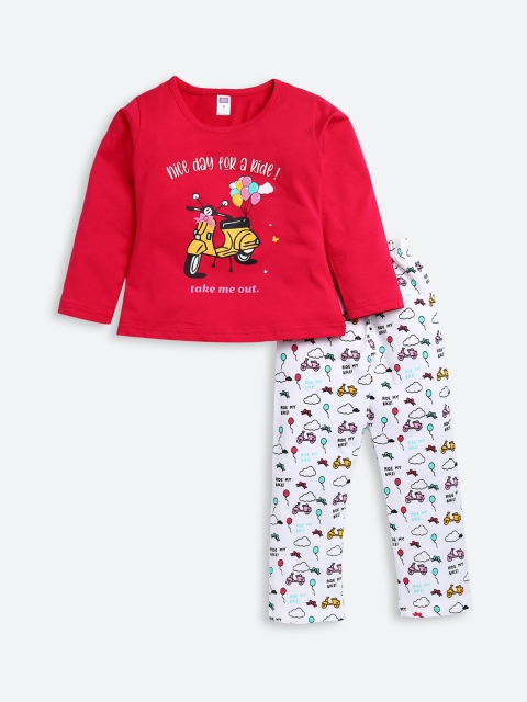 

Nottie Planet Girls Fuchsia & White Printed Pure Cotton Night suit