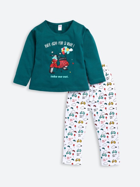 

Nottie Planet Girls Teal & White Printed Night suit
