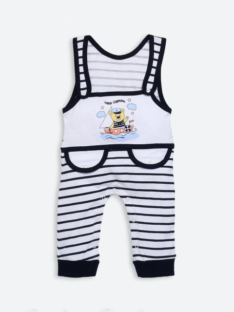 

Nottie Planet Kids Unisex White & Navy Blue Striped Dungaree With T-shirt