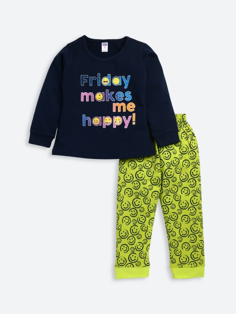 

Nottie Planet Girls Green & Navy Blue Printed Night Suit