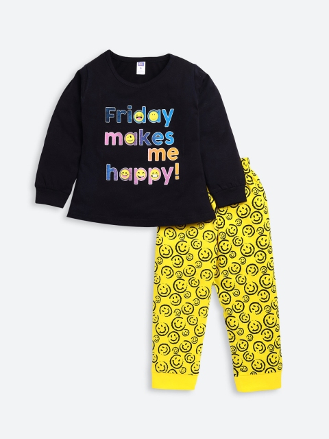 

Nottie Planet Girls Yellow & Black Printed Night suit