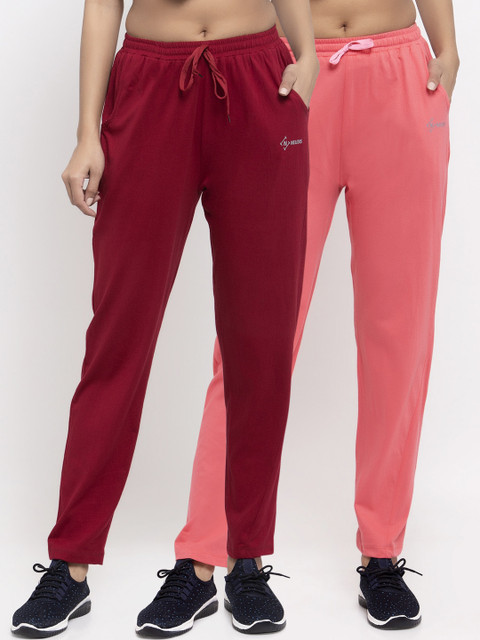 

NEUDIS Women Pack Of 2 Solid Cotton Track Pants, Pink