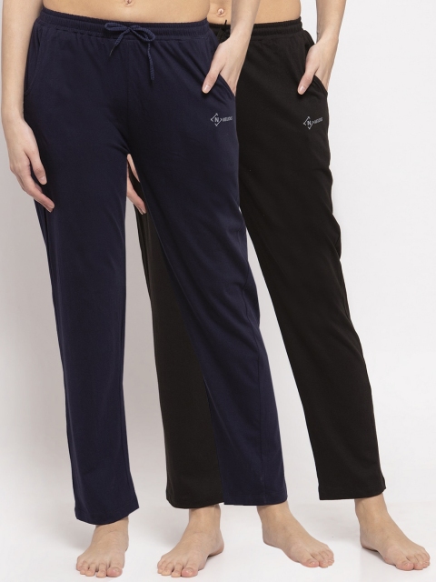 

NEUDIS Women Pack Of 2 Solid Cotton Track Pants, Navy blue