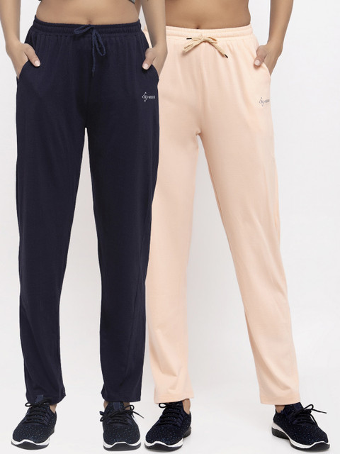 

NEUDIS Women Pack Of 2 Peach-Coloured & Navy Blue Solid Cotton Track Pants