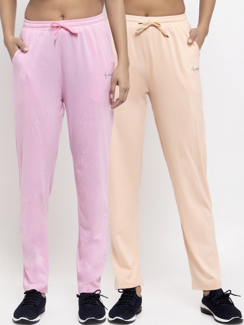 

NEUDIS Women Pack Of 2 Solid Cotton Track Pants, Pink