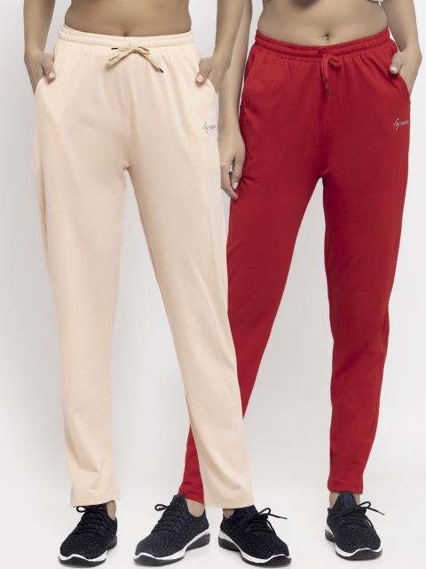 

NEUDIS Women Pack Of 2 Red & Peach-Coloured Solid Cotton Track Pants
