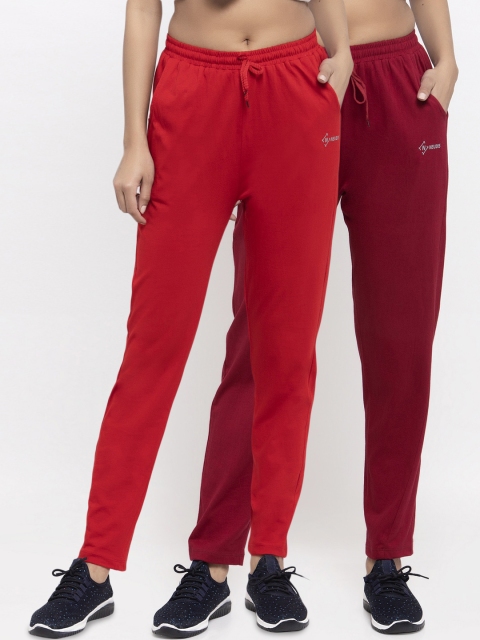 

NEUDIS Women Pack Of 2 Solid Cotton Track Pants, Red