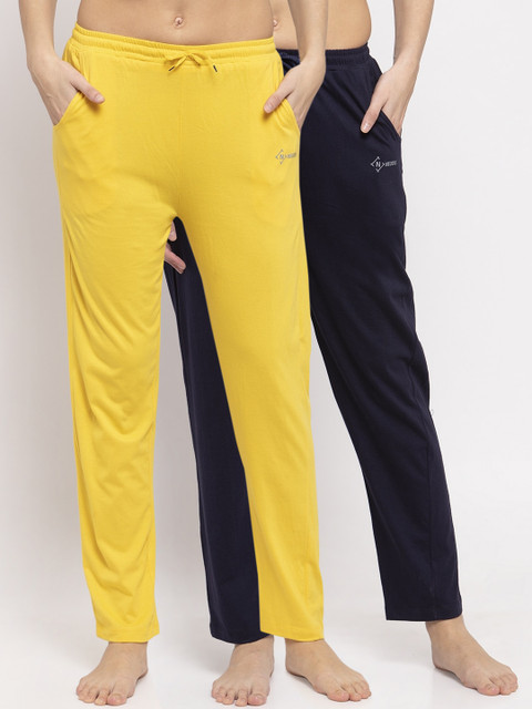 

NEUDIS Women Pack Of 2 Yellow & Navy Blue Solid Cotton Track Pants