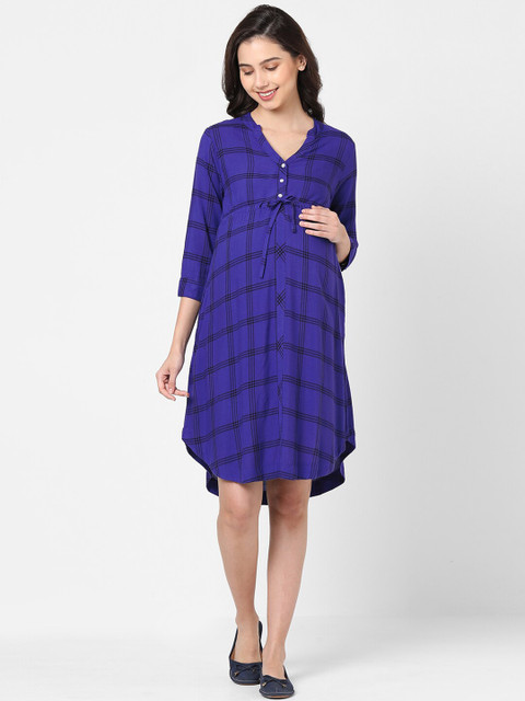 

Mystere Paris Women Blue Checked Maternity Shirt Dress