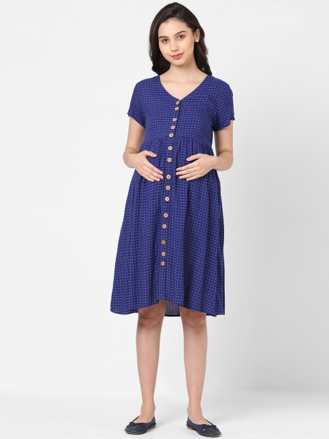 

Mystere Paris Navy Blue & White Checked Maternity Dress