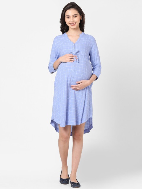 

Mystere Paris Blue Checked Maternity A-Line Dress