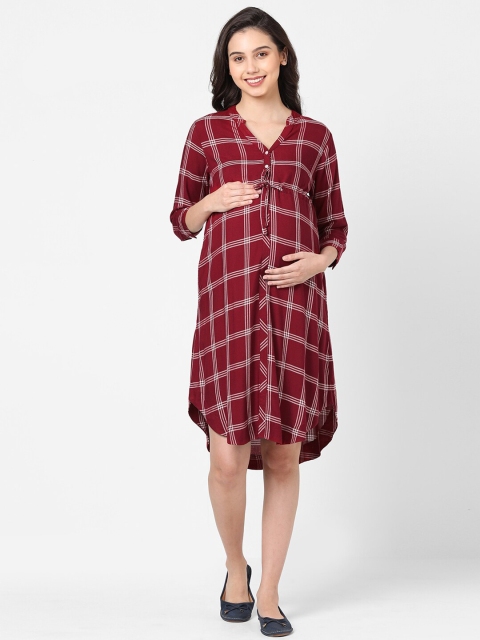 

Mystere Paris Maroon Checked Maternity A-Line Midi Dress