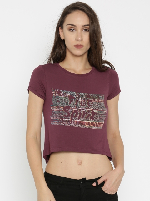

SPYKAR Women Purple Printed Round Neck Crop T-shirt