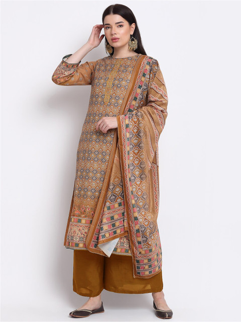 

Stylee LIFESTYLE Gold-Toned & Blue Printed Unstitched Dress Material