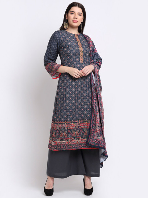 

Stylee LIFESTYLE Navy Blue & Coral Printed Unstitched Dress Material