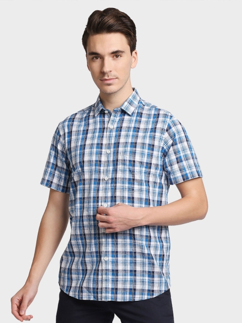 

ColorPlus Men Blue Tailored Fit Tartan Checks Opaque Cotton Checked Casual Shirt