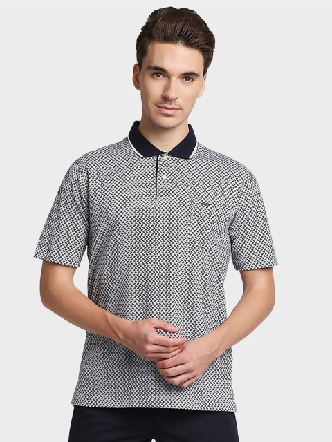 

ColorPlus Men White & Navy Blue Printed Cotton Polo Collar T-shirt